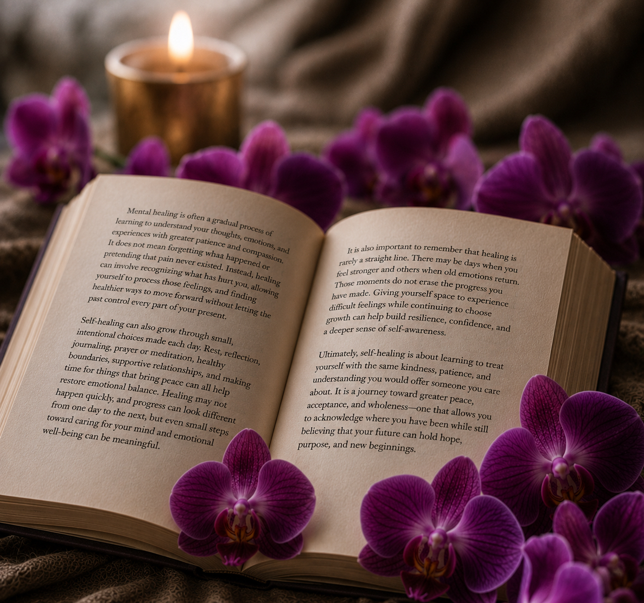 Open book with purple orchids and candlelight