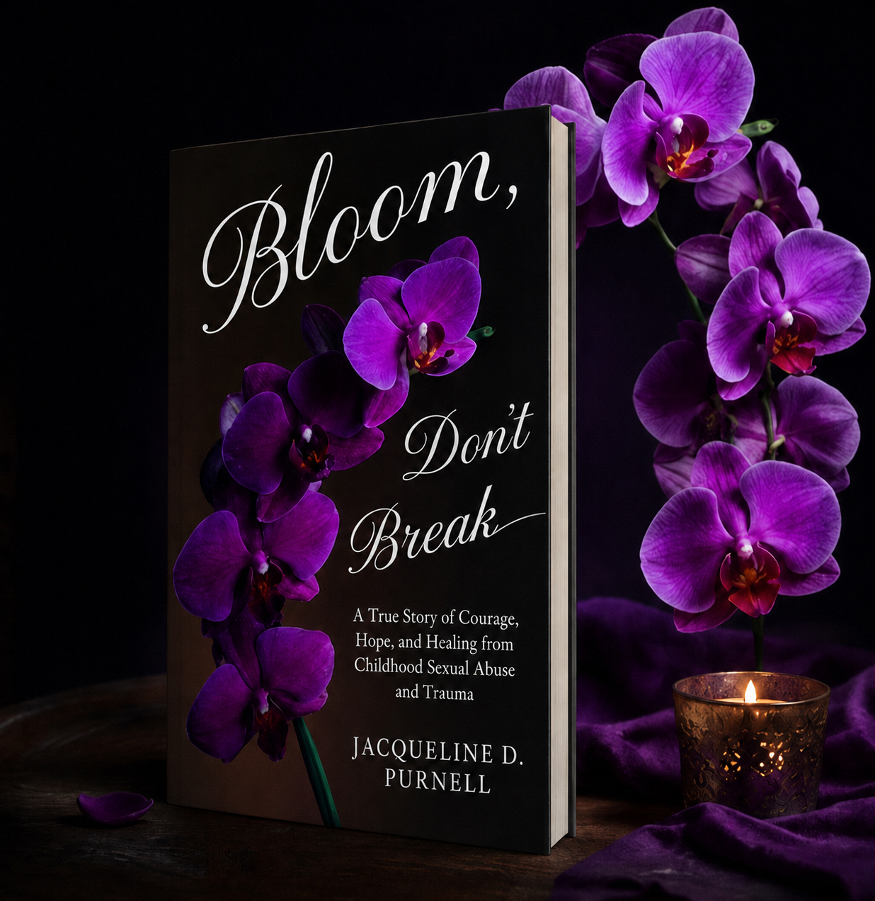 Bloom, Don't Break book with purple orchids